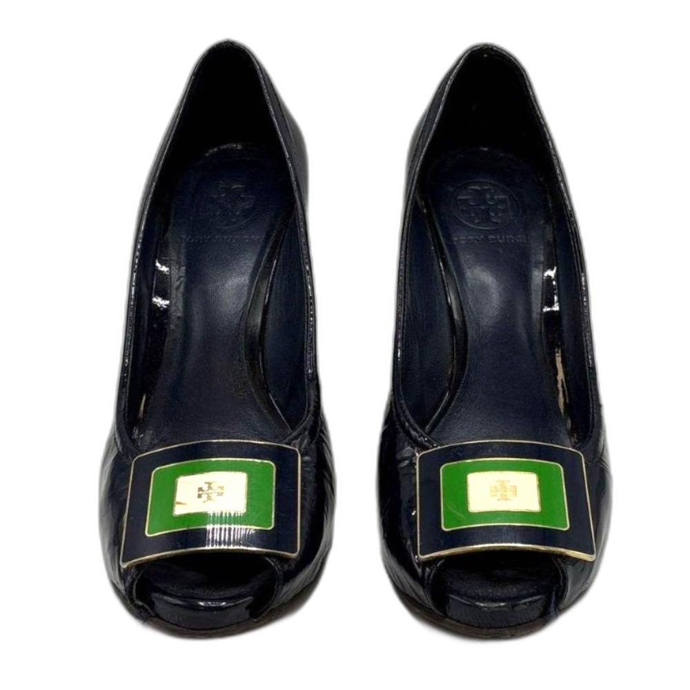 EUC Tory Burch "Sally" Navy Patent Leather Peep Toe Wedge Pump Enamel Buckle